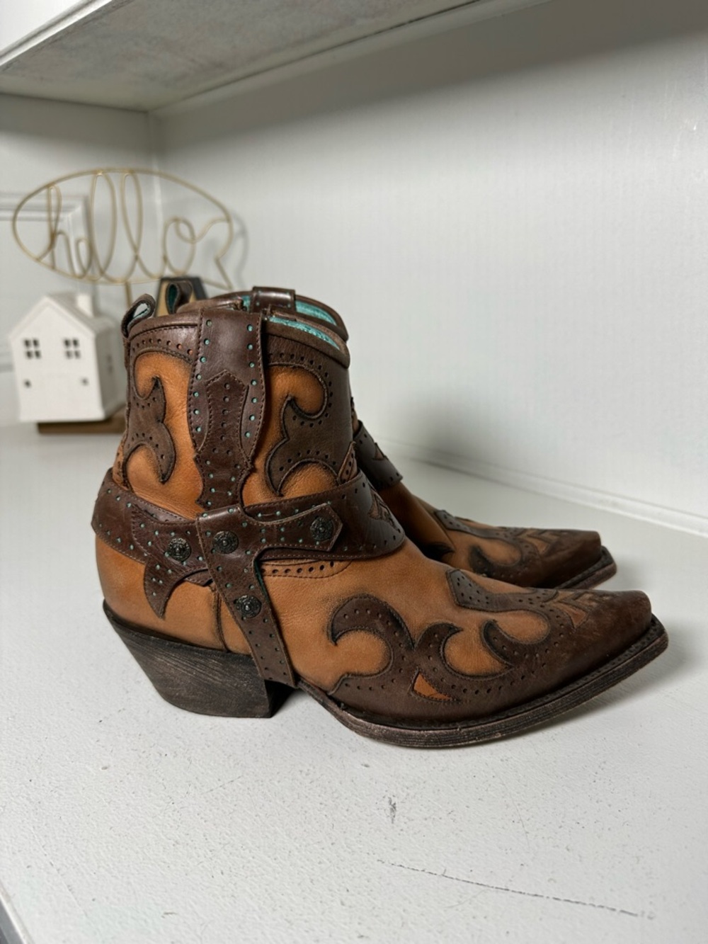 Corral Boots Womens 8 Harness Moto Ankle Boot Brown Tan Leather Studded Western - Picture 5 of 9